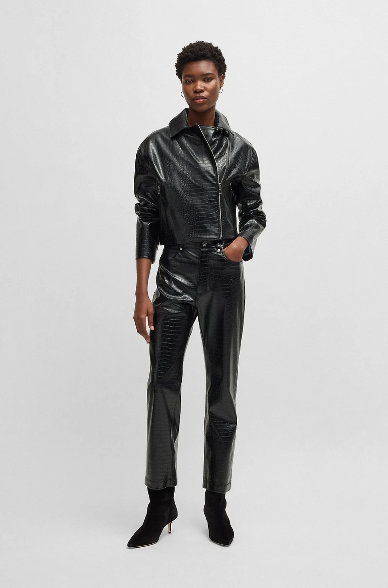 Crocodile-embossed biker jacket faux leather