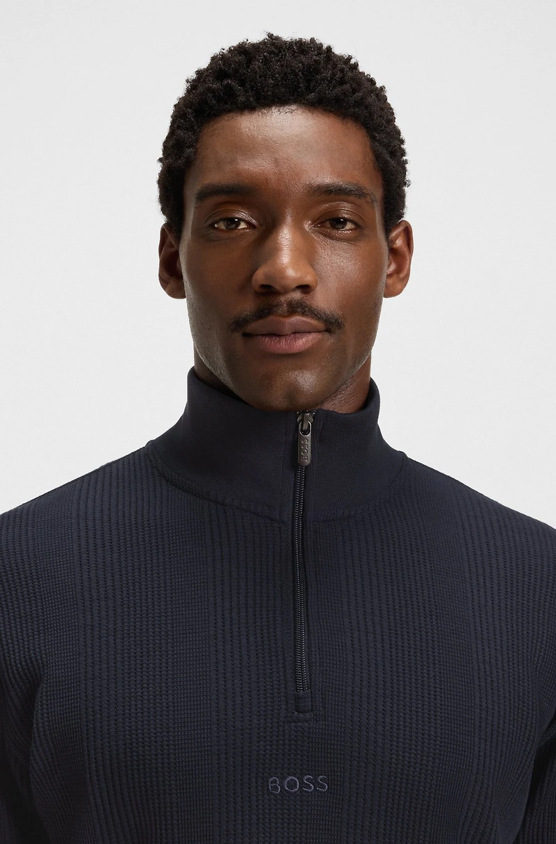 Zip-neck sweater a waffle-structured cotton