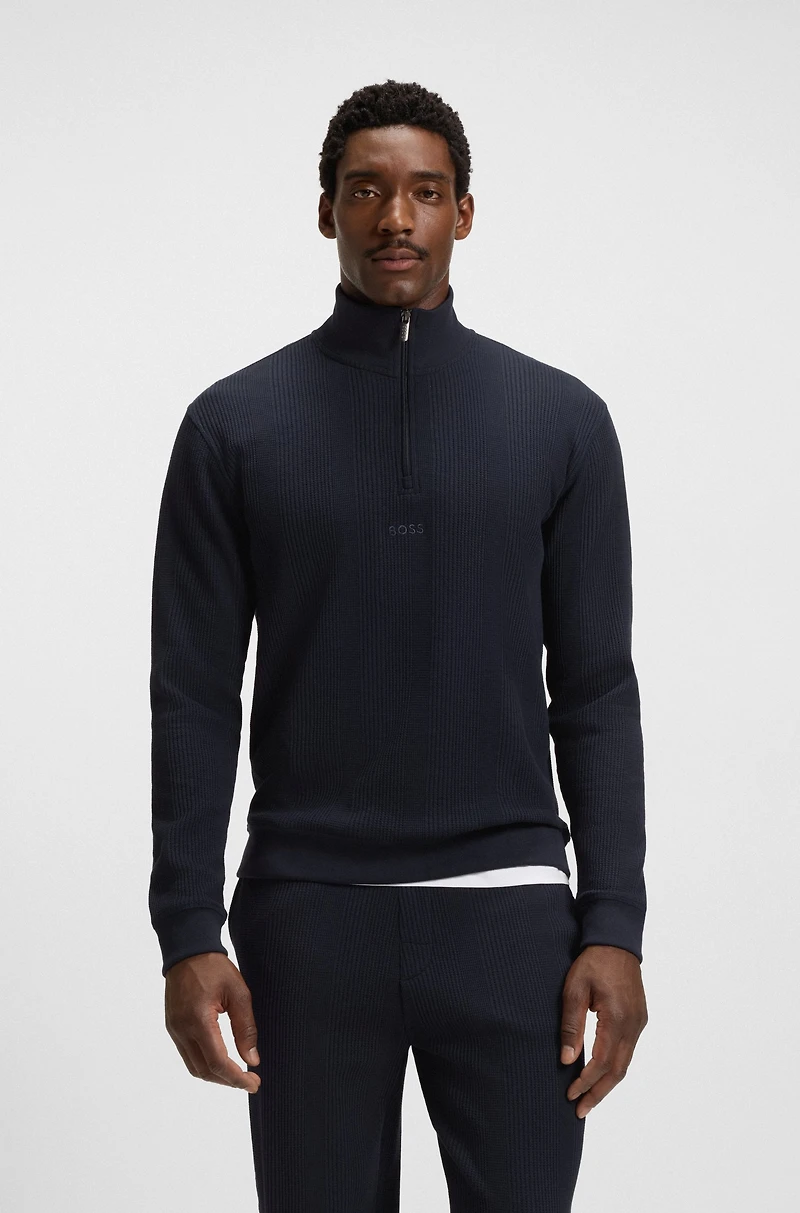 Zip-neck sweater a waffle-structured cotton
