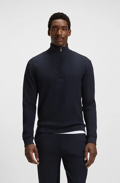 Zip-neck sweater a waffle-structured cotton