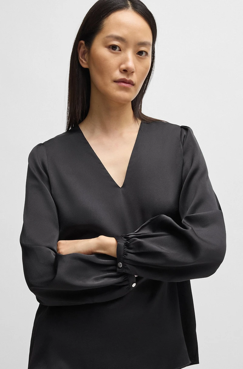 Regular-fit blouse with V neckline hammered satin