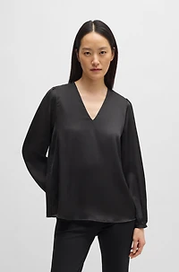 Regular-fit blouse with V neckline hammered satin
