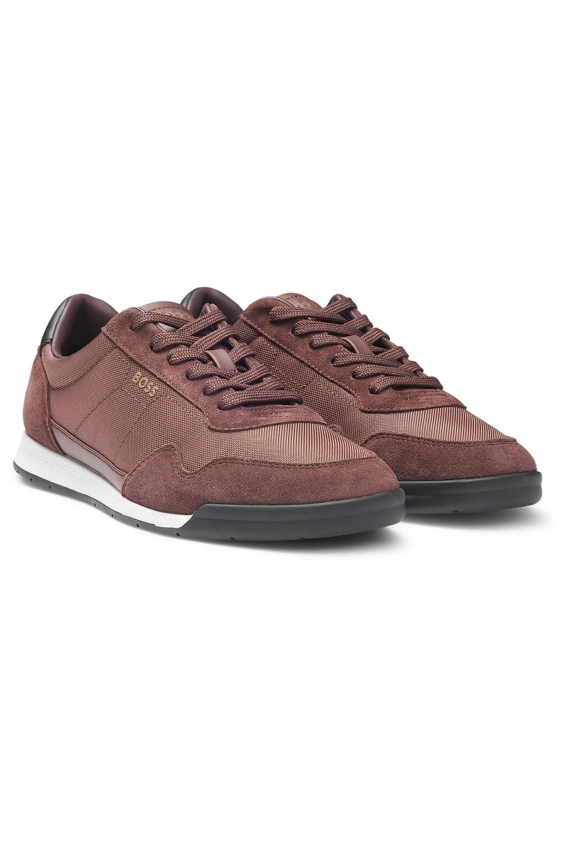 Mixed-material lace-up trainers with suede trims