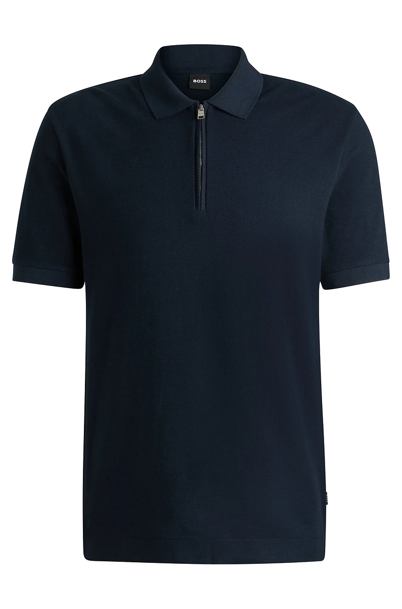 Zip-neck knit polo shirt with waffle structure