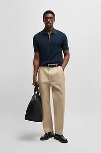Zip-neck knit polo shirt with waffle structure