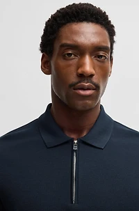 Zip-neck knit polo shirt with waffle structure
