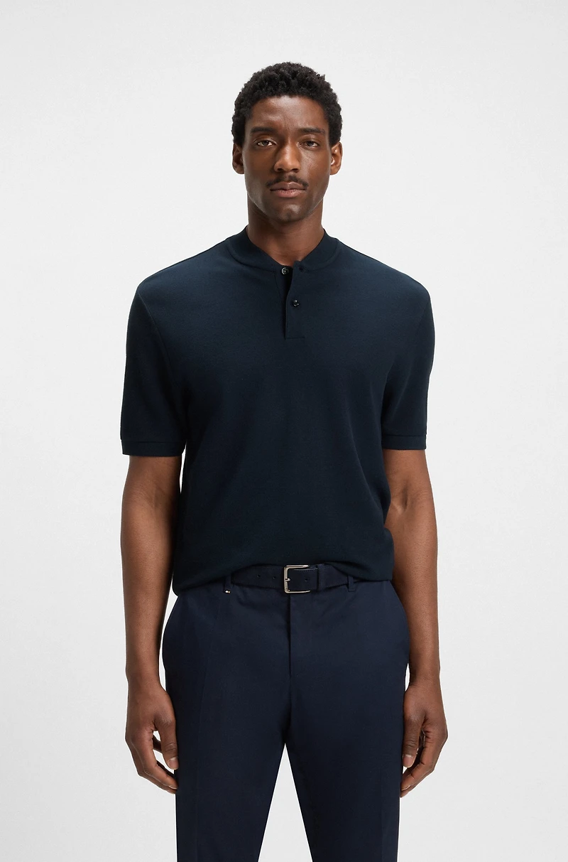 Collarless polo shirt a waffle cotton blend