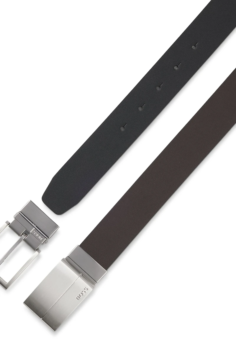 Reversible-leather belt with pin and plaque buckles