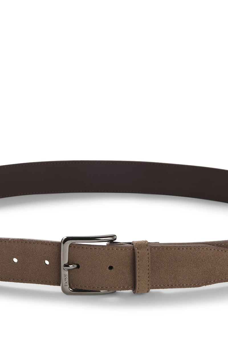 Suede belt with logo-engraved gunmetal buckle