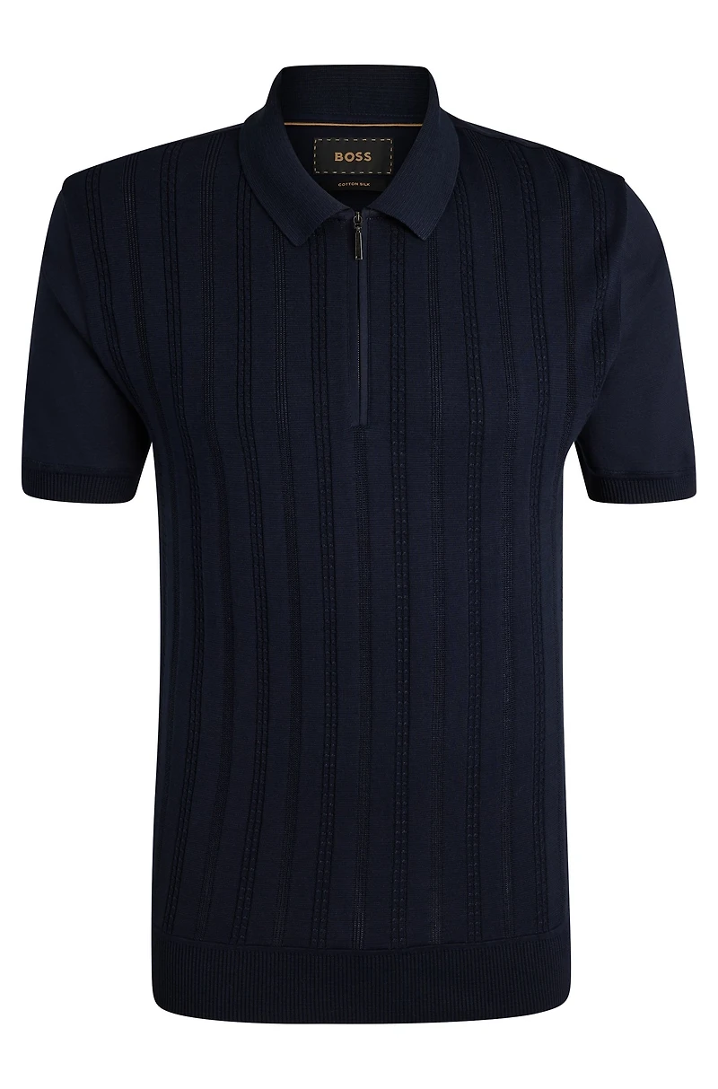 Cotton-silk knit polo with cabled front
