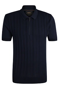 Cotton-silk knit polo with cabled front