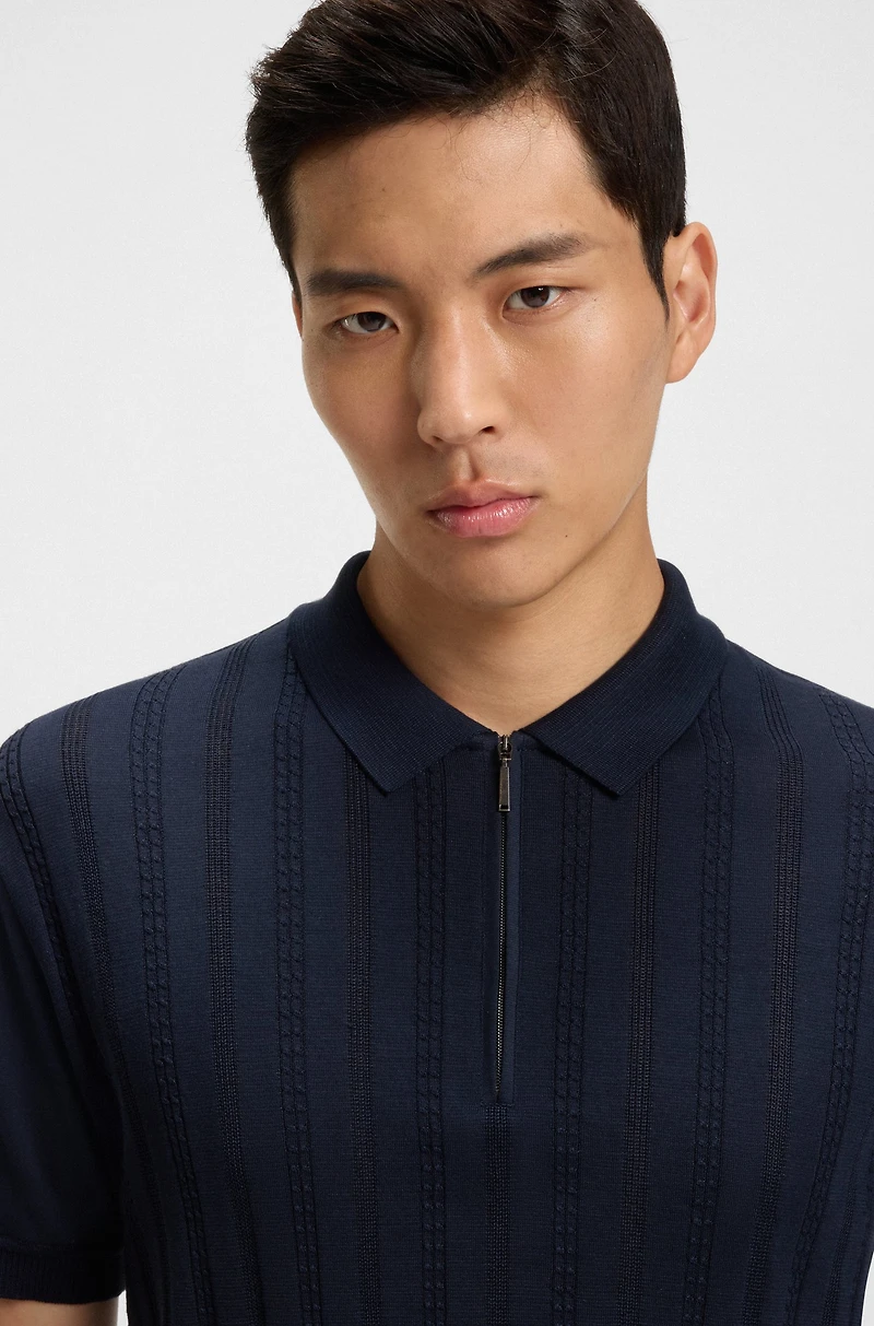 Cotton-silk knit polo with cabled front