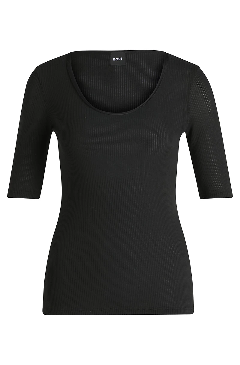Scoop-neck T-shirt ribbed stretch fabric