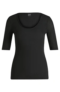 Scoop-neck T-shirt ribbed stretch fabric
