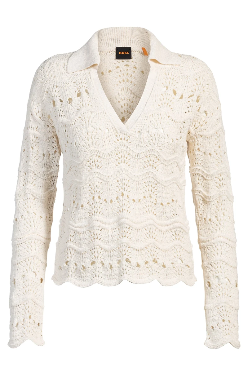 Johnny-collar sweater with open-knit structure