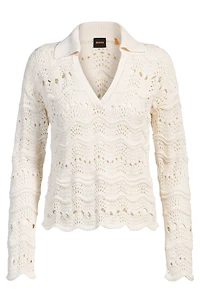 Johnny-collar sweater with open-knit structure