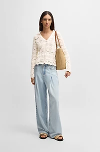 Johnny-collar sweater with open-knit structure