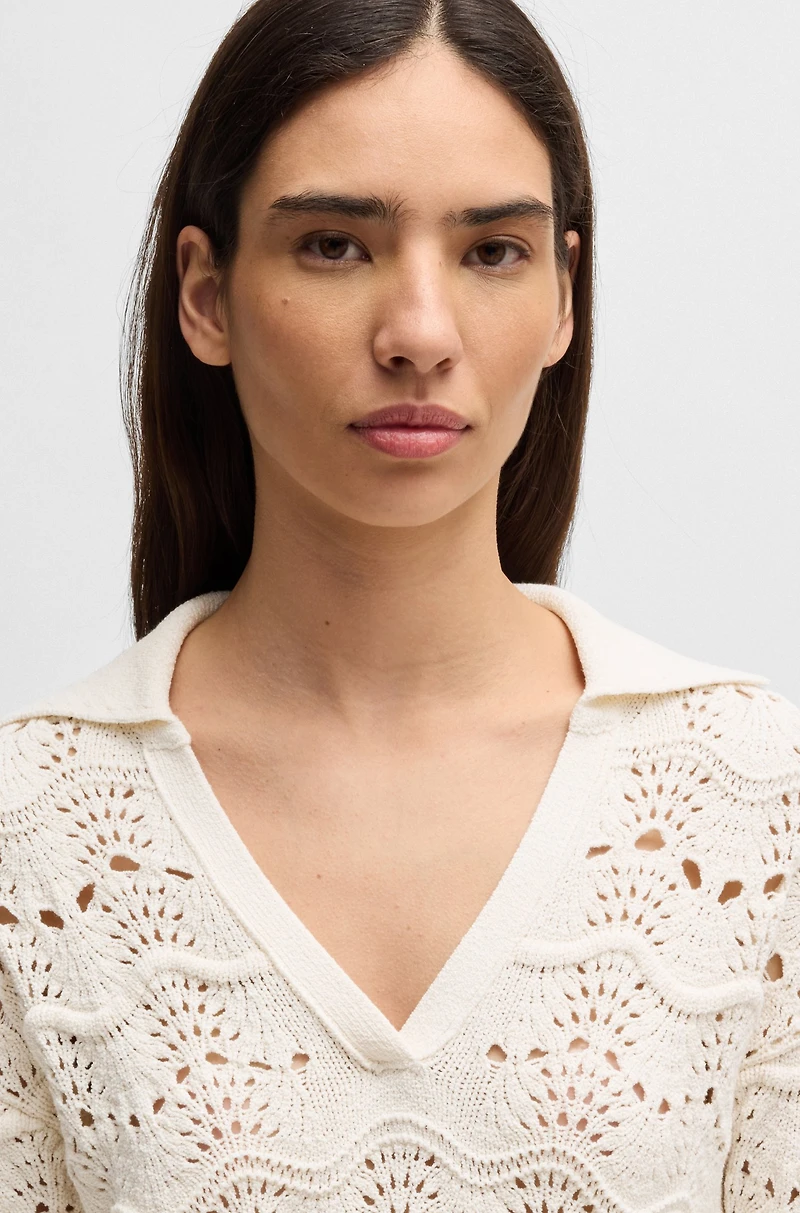 Johnny-collar sweater with open-knit structure