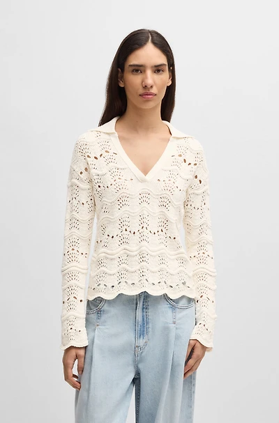 Johnny-collar sweater with open-knit structure