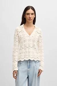 Johnny-collar sweater with open-knit structure