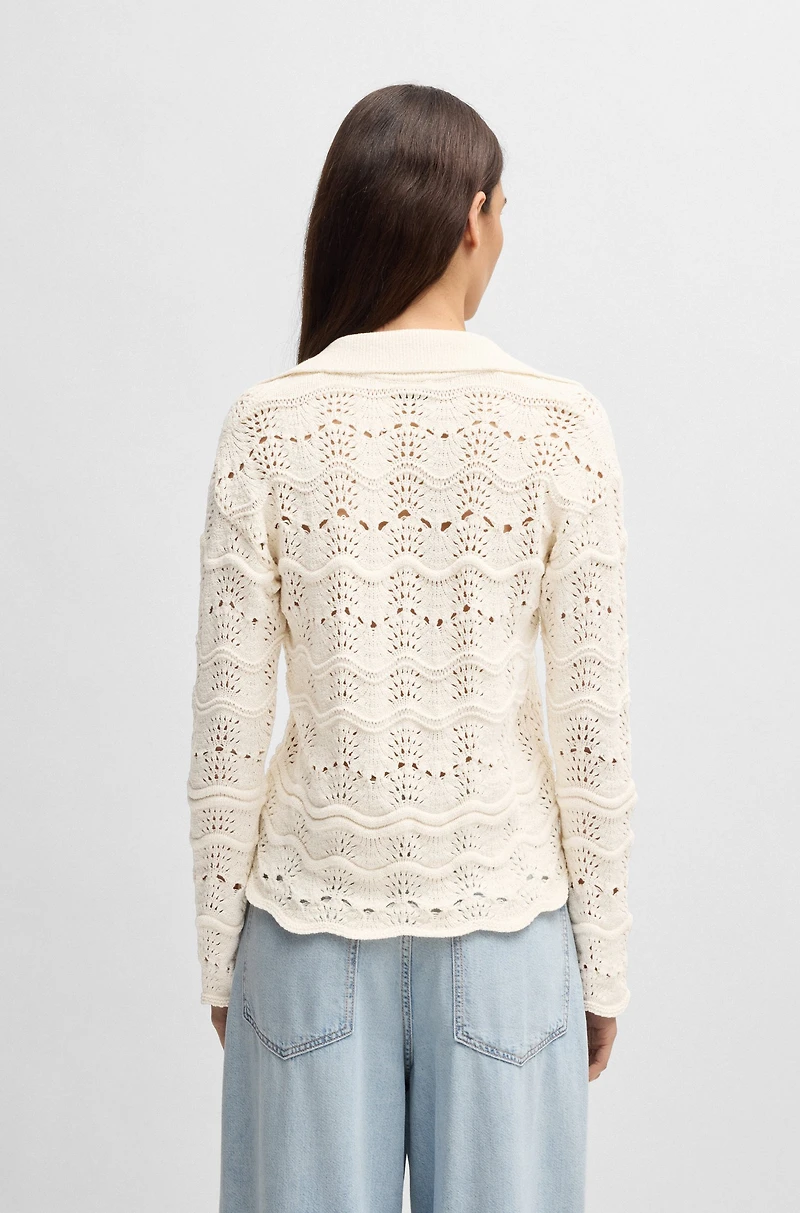Johnny-collar sweater with open-knit structure