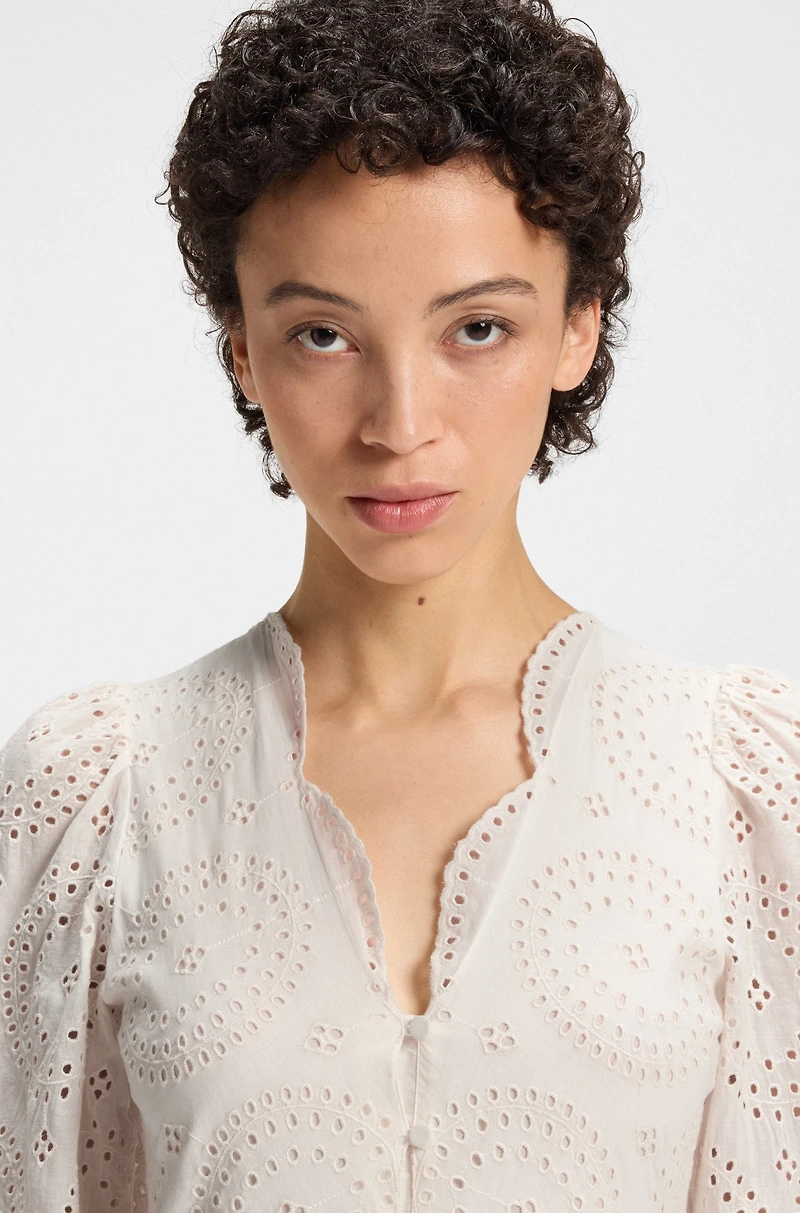 Pleat-detail dress cotton broderie