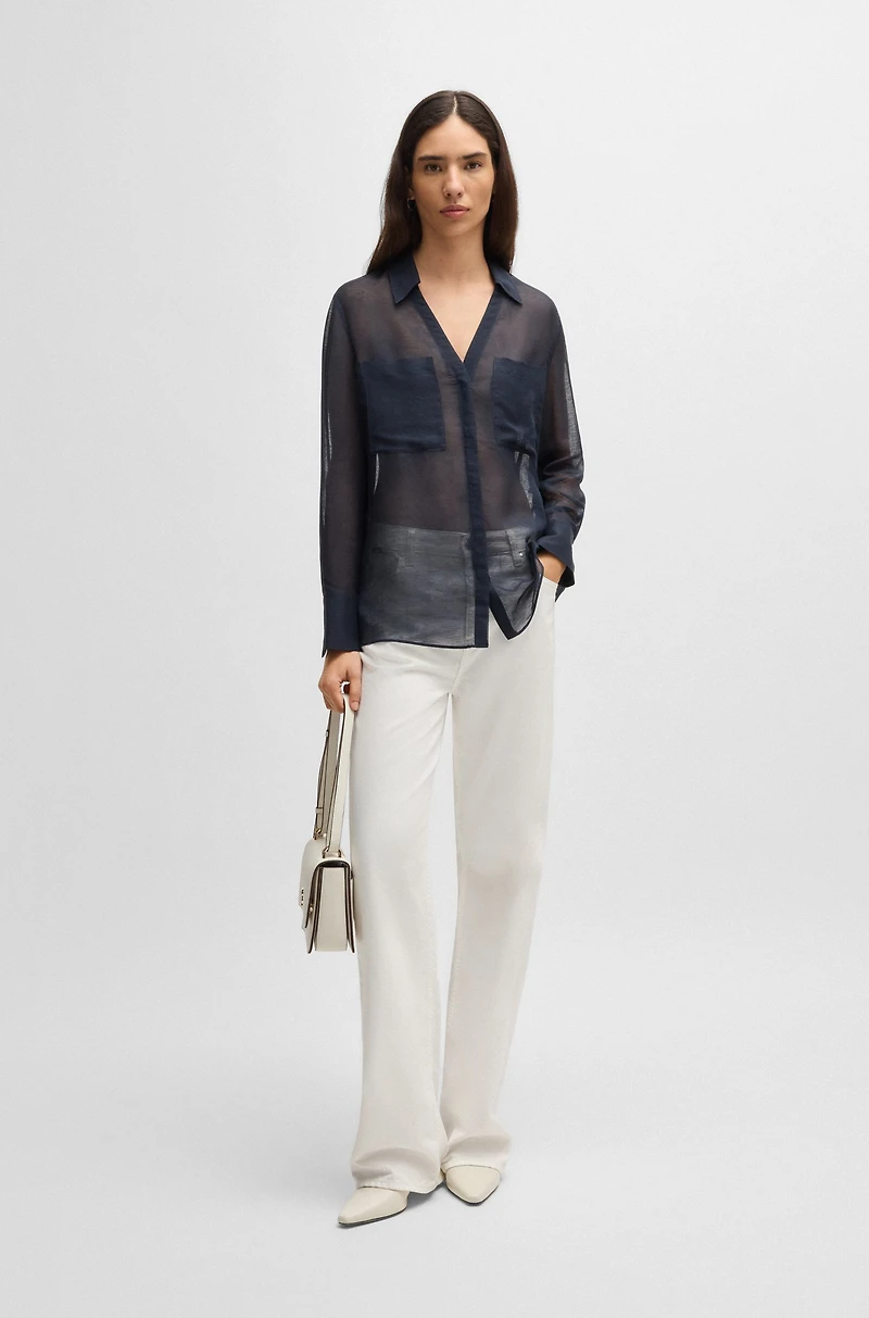 V-neck blouse ramie with collar detail