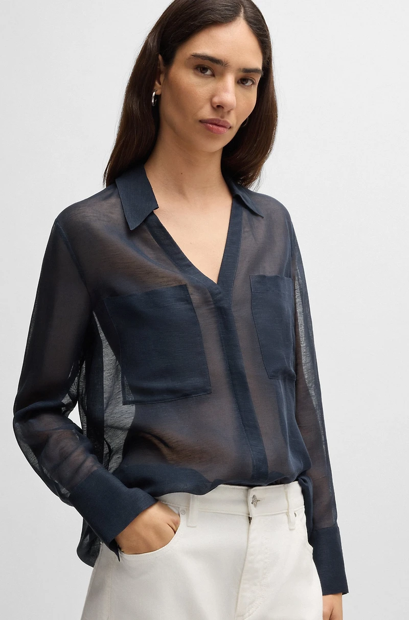 V-neck blouse ramie with collar detail