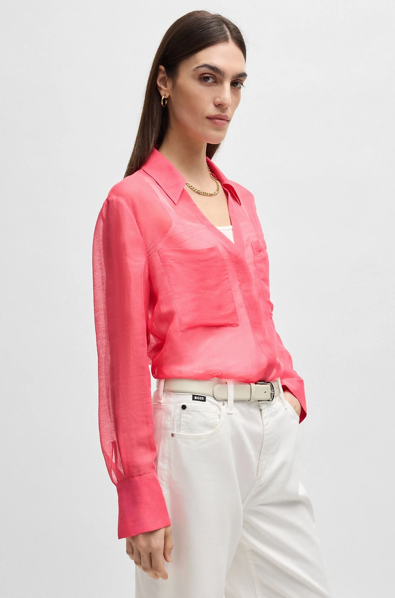 V-neck blouse ramie with collar detail