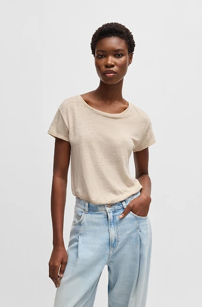 Scoop-neck linen T-shirt with gathered back
