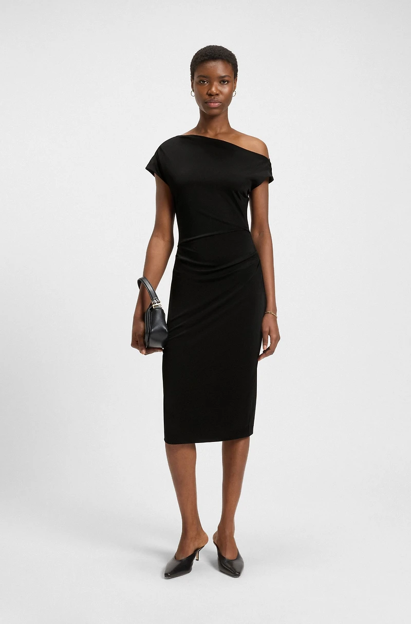 Stretch-jersey dress with off-the-shoulder neckline