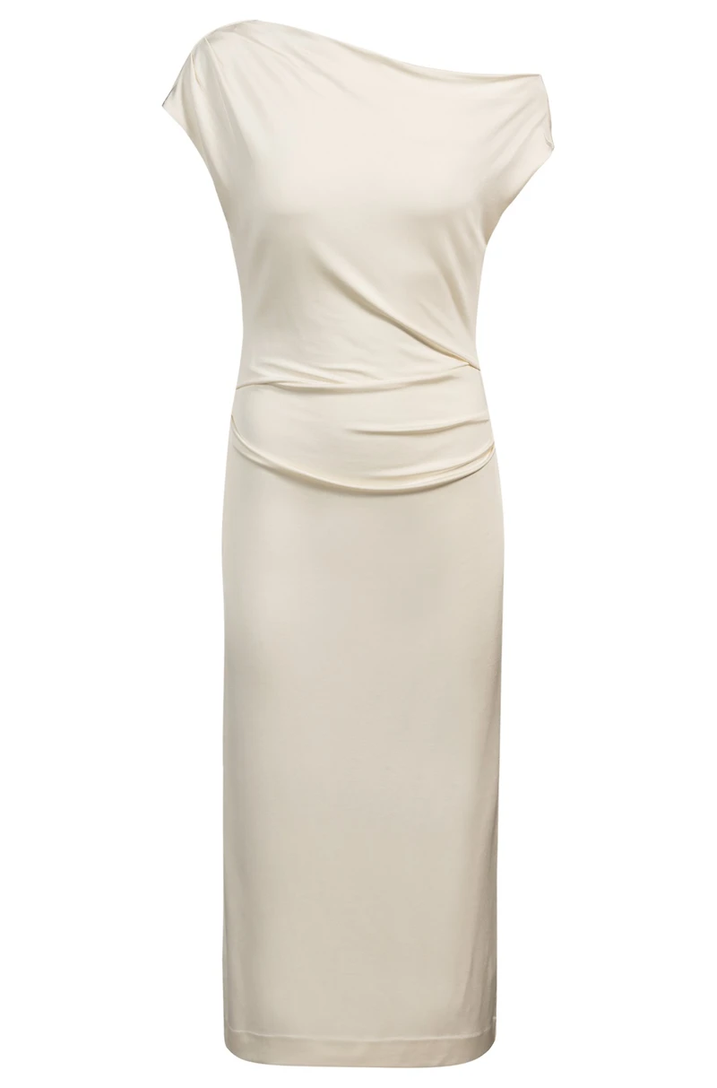 Stretch-jersey dress with off-the-shoulder neckline