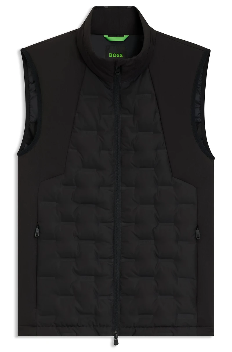 Down-filled gilet with welded-logo pattern