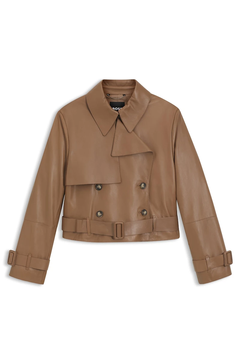 Trench-style leather jacket with tie-up belt