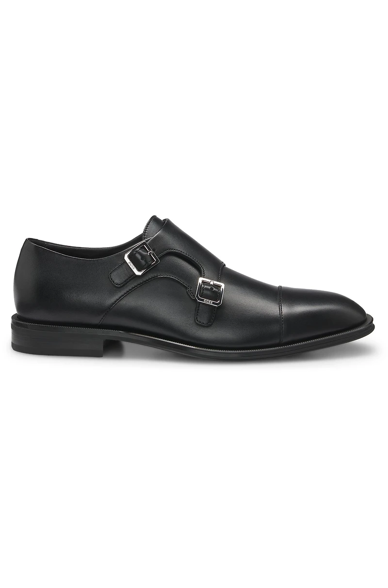 Leather double-monk shoes with cap toe