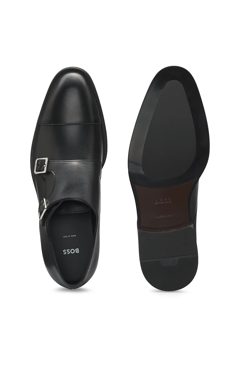 Leather double-monk shoes with cap toe