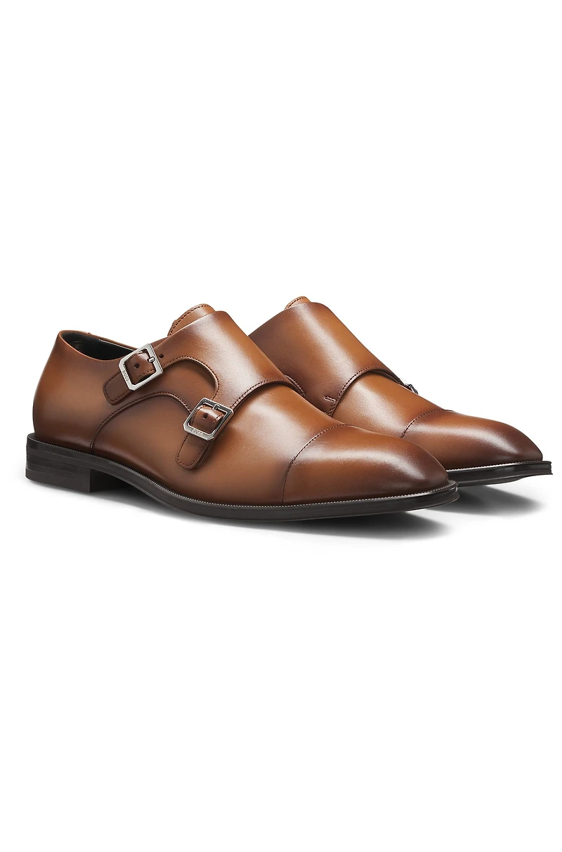 Leather double-monk shoes with cap toe