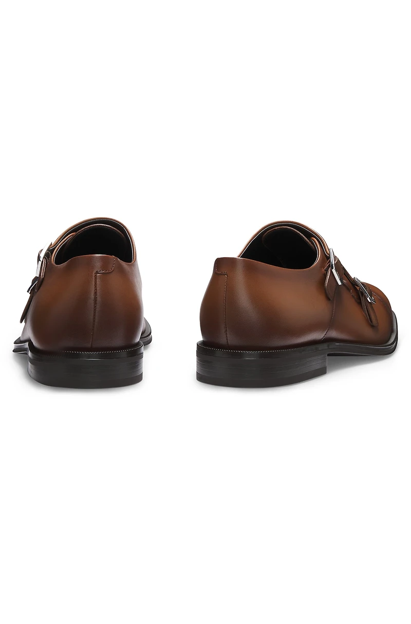 Leather double-monk shoes with cap toe