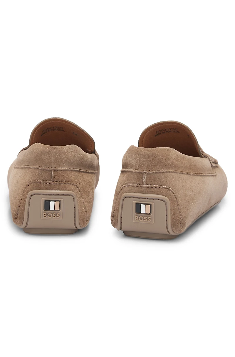 Portuguese-crafted moccasin loafers suede with penny trim