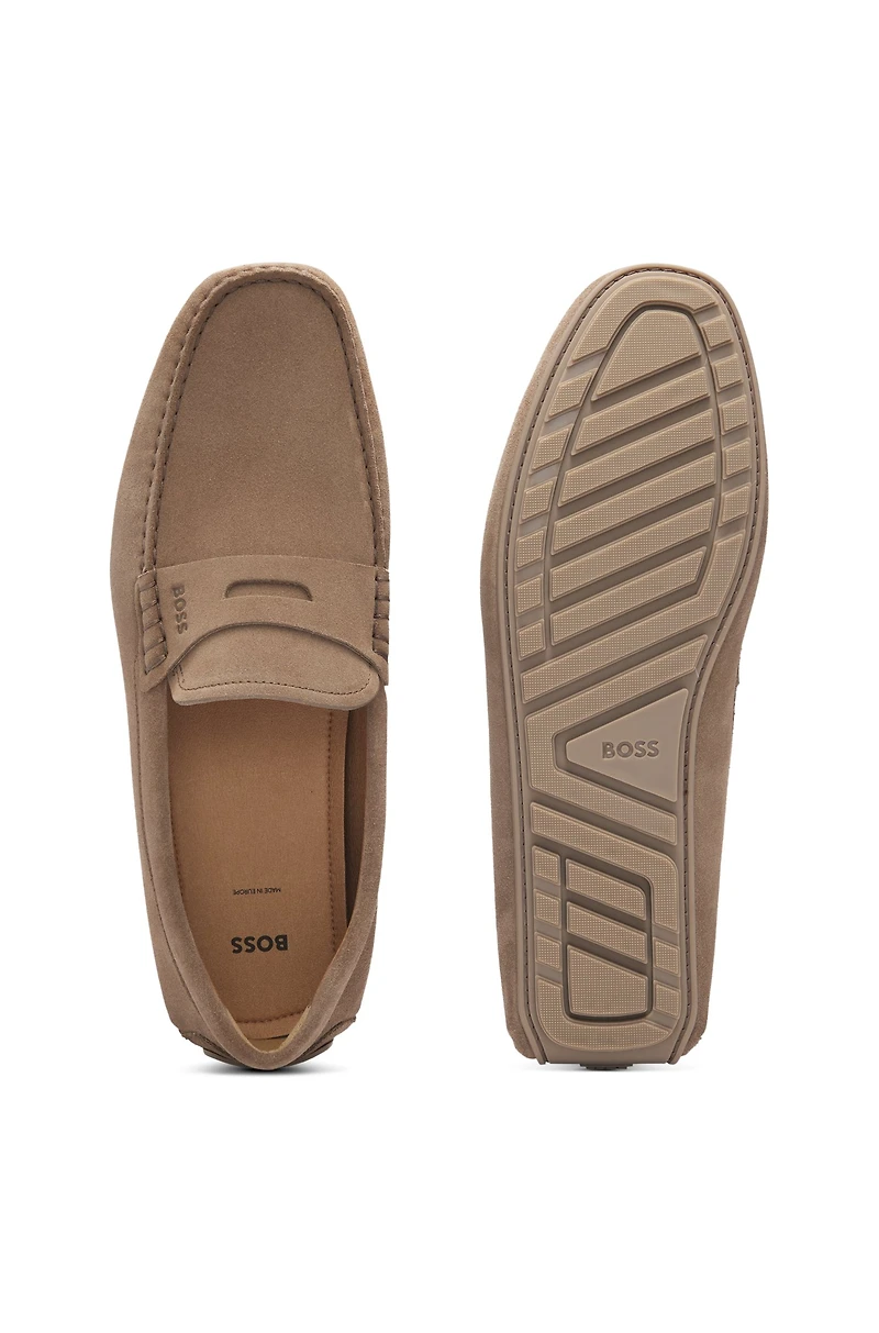 Portuguese-crafted moccasin loafers suede with penny trim