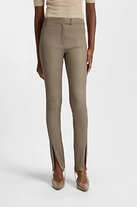 Leather leggings with logo-hook closure