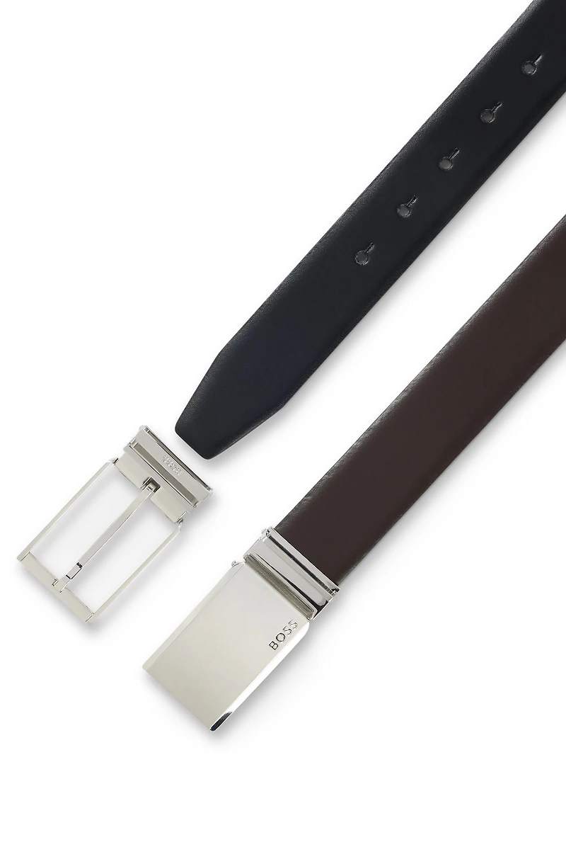 Reversible Italian-leather belt with pin and plaque buckles