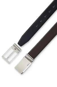 Reversible Italian-leather belt with pin and plaque buckles