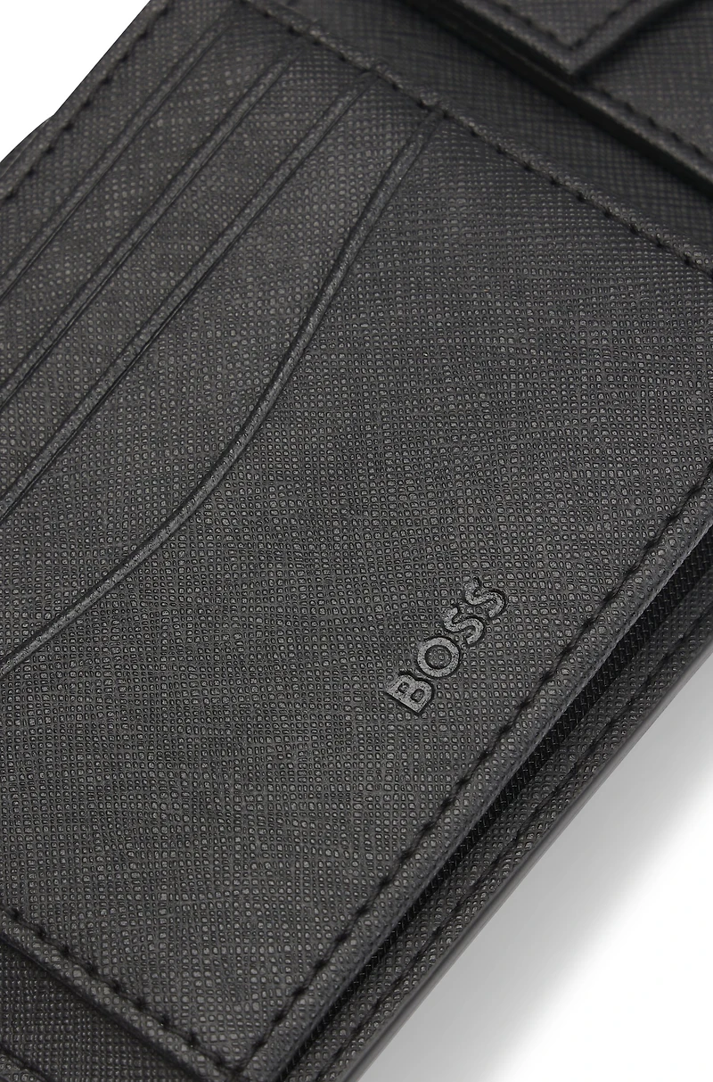 Structured trifold wallet with monogram pattern