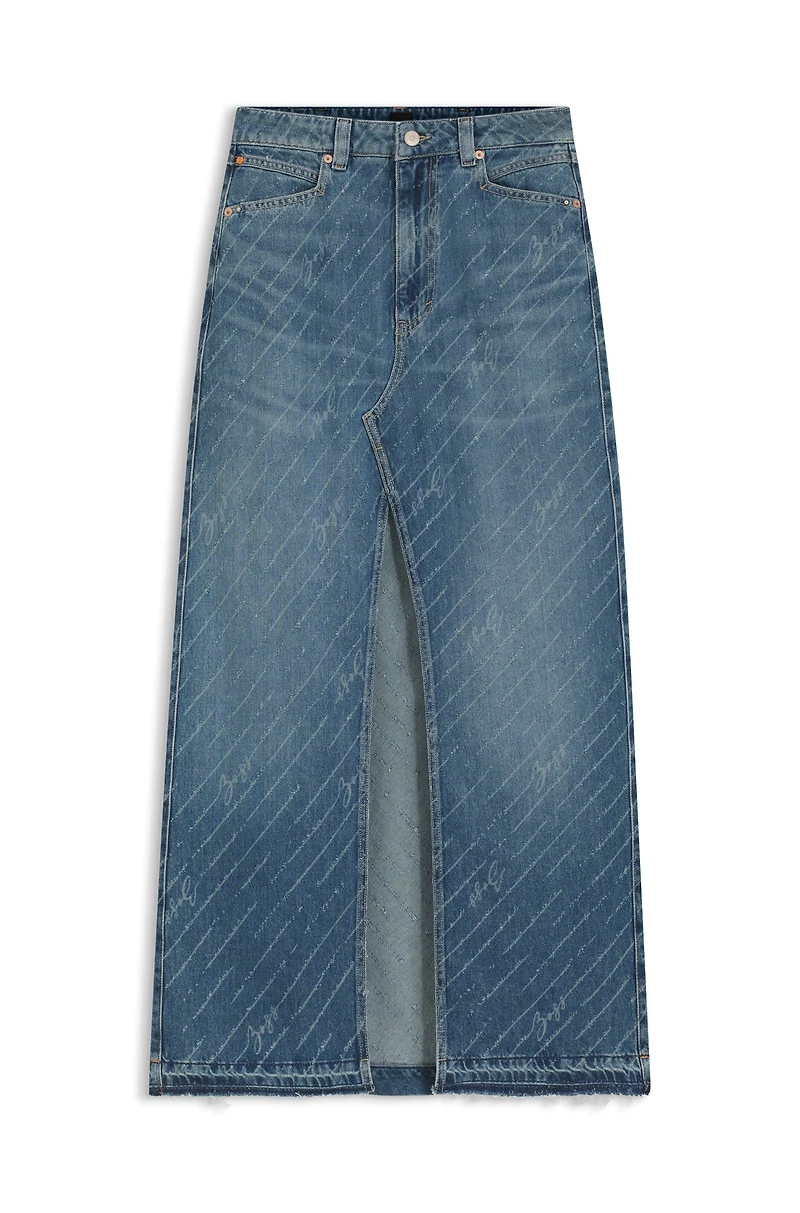 Denim skirt with logo pinstripe pattern and front slit