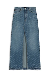 Denim skirt with logo pinstripe pattern and front slit