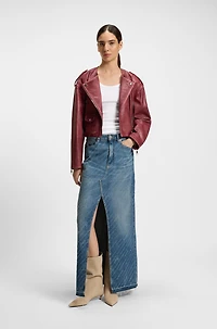 Denim skirt with logo pinstripe pattern and front slit