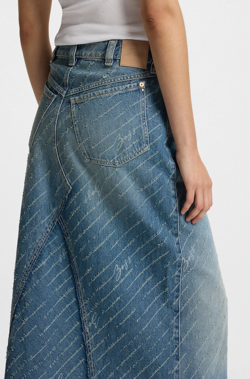 Denim skirt with logo pinstripe pattern and front slit
