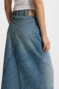 Denim skirt with logo pinstripe pattern and front slit