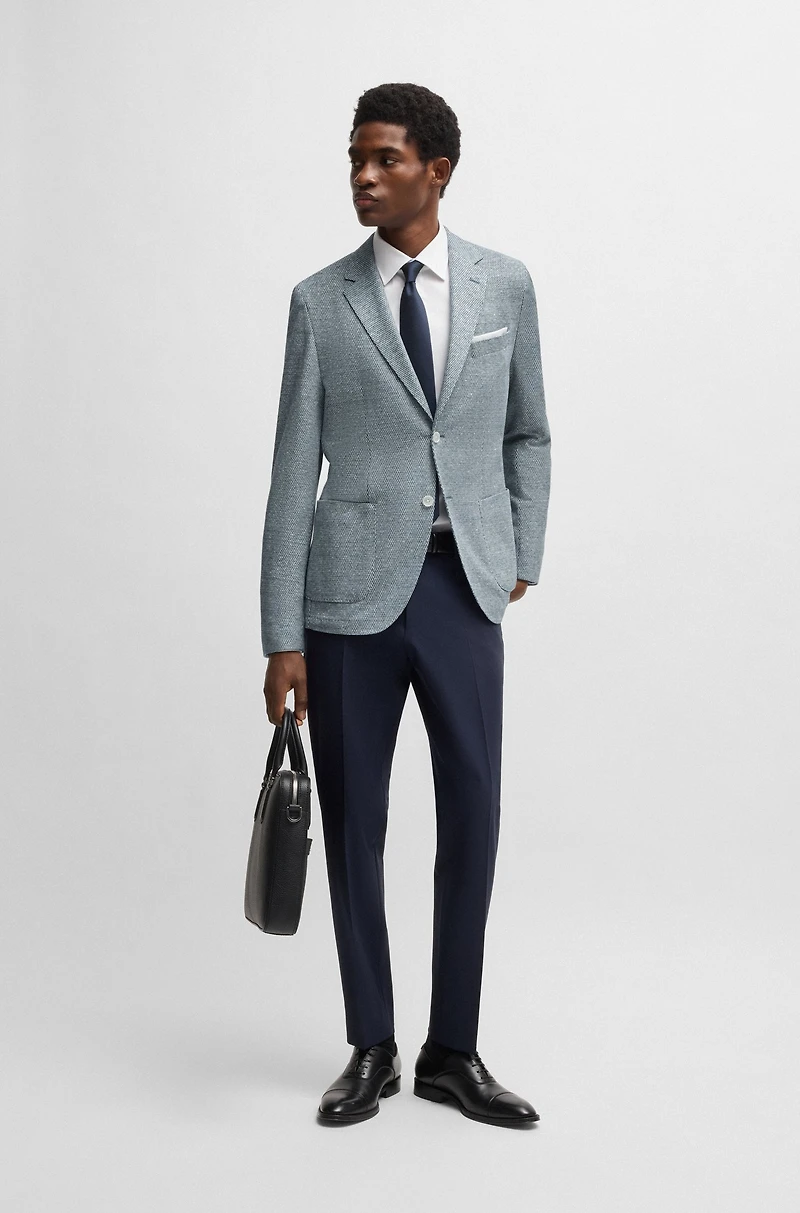 Regular-fit patterned blazer with linen and cotton